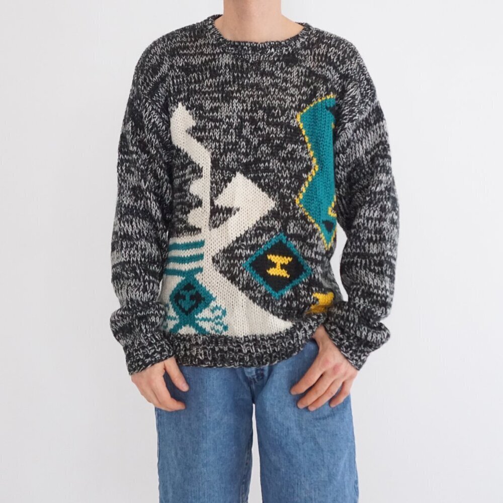 VTG Carlo Ferrini Black White Tribal Intarsia Knit Sweater Eclectic Classic M